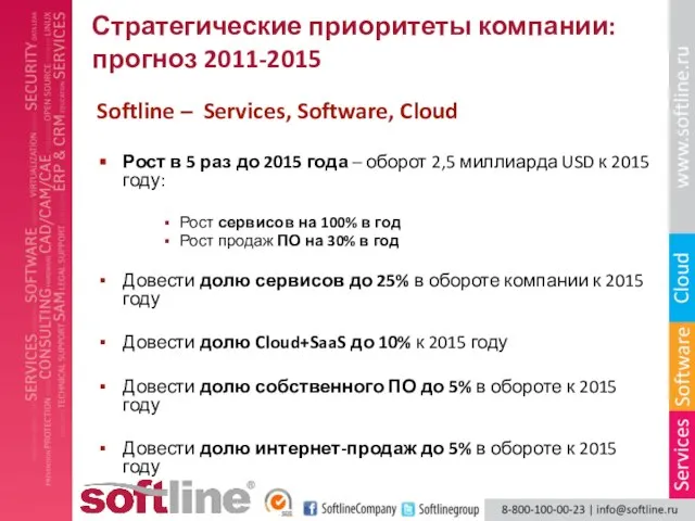 Стратегические приоритеты компании: прогноз 2011-2015 Softline – Services, Software, Cloud Рост в