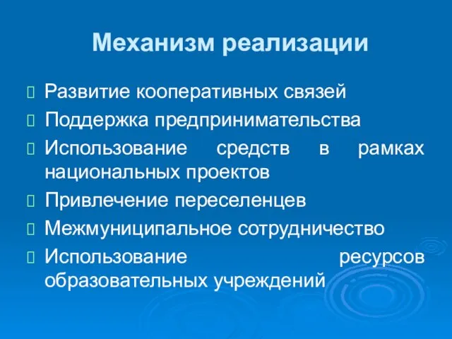 Механизм реализации Развитие кооперативных связей Поддержка предпринимательства Использование средств в рамках национальных