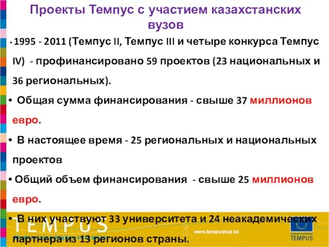 Проекты Темпус с участием казахстанских вузов www.tempuskaz.kz 1995 - 2011 (Темпус II,