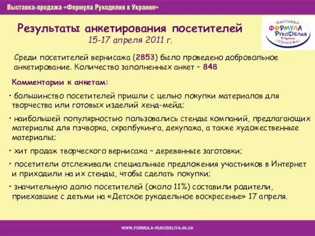 Результаты анкетирования посетителей 15-17 апреля 2011 г. Среди посетителей вернисажа (2853) было