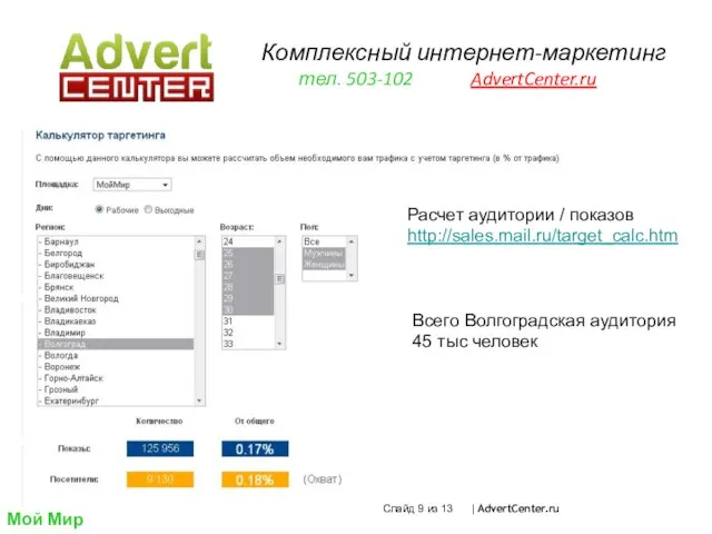 Комплексный интернет-маркетинг тел. 503-102 AdvertCenter.ru Расчет аудитории / показов http://sales.mail.ru/target_calc.htm Мой Мир