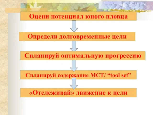 Определи долговременные цели Спланируй содержание МСТ/ “tool set” «Отслеживай» движение к цели
