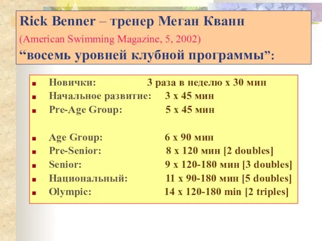 Rick Benner – тренер Меган Кванн (American Swimming Magazine, 5, 2002) “восемь