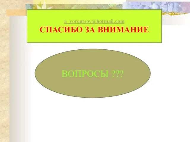 ВОПРОСЫ ??? a_vorontsov@hotmail.com СПАСИБО ЗА ВНИМАНИЕ