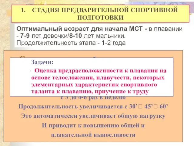 Содержание этапа: - обучение основам техники Плавания с использованием большого числа Подготовительных