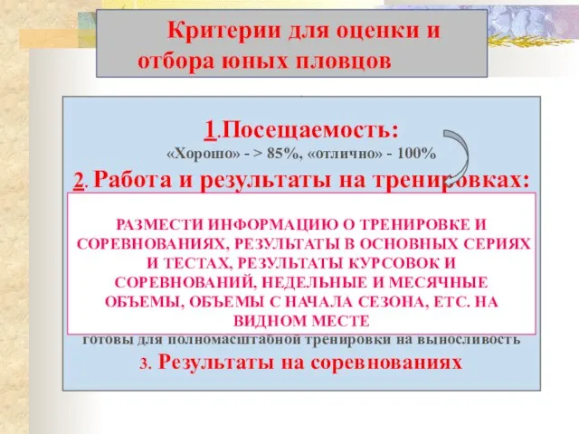 Критерии для оценки и отбора юных пловцов 1.Посещаемость: «Хорошо» - > 85%,