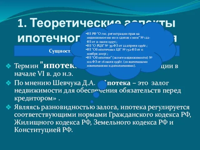 1. Теоретические аспекты ипотечного кредитования Термин "ипотека" впервые появился в Греции в