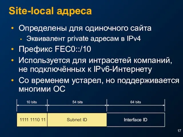 Site-local адреса Определены для одиночного сайта Эквивалент private адресам в IPv4 Префикс