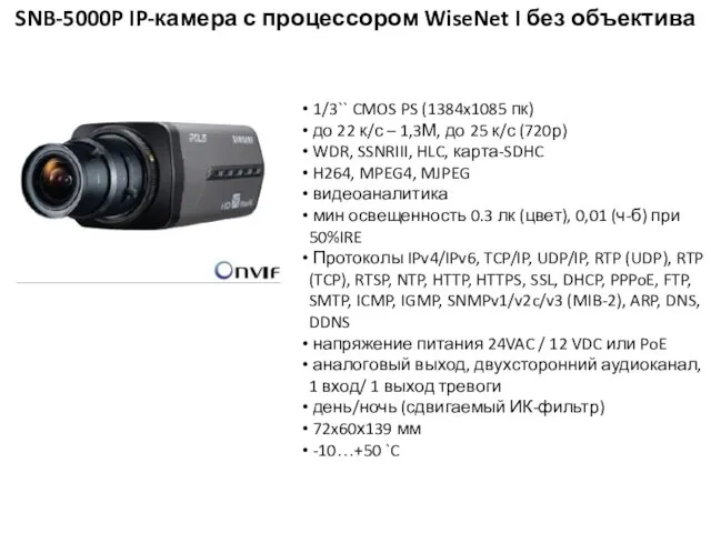 SNB-5000P IP-камера с процессором WiseNet I без объектива 1/3`` CMOS PS (1384x1085