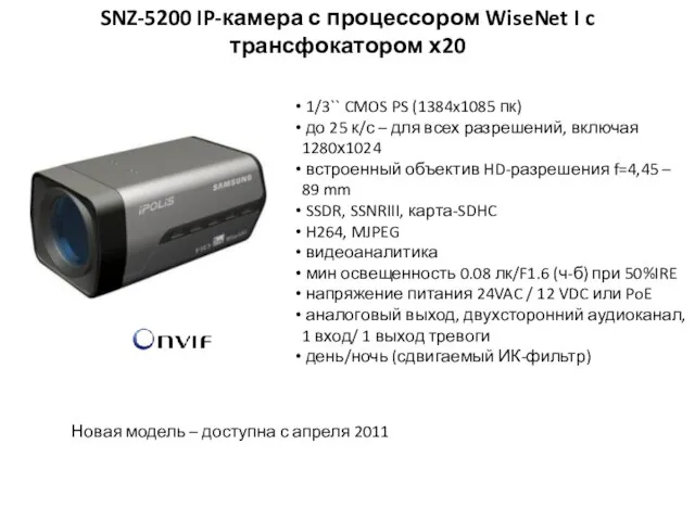 SNZ-5200 IP-камера с процессором WiseNet I c трансфокатором х20 1/3`` CMOS PS
