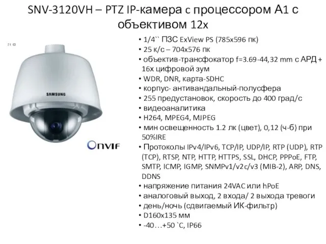 SNV-3120VH – PTZ IP-камера c процессором А1 с объективом 12x 1/4`` ПЗС