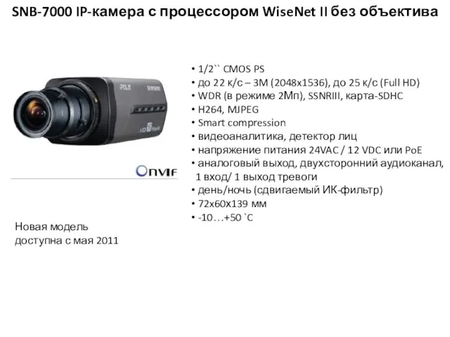 SNB-7000 IP-камера с процессором WiseNet II без объектива 1/2`` CMOS PS до