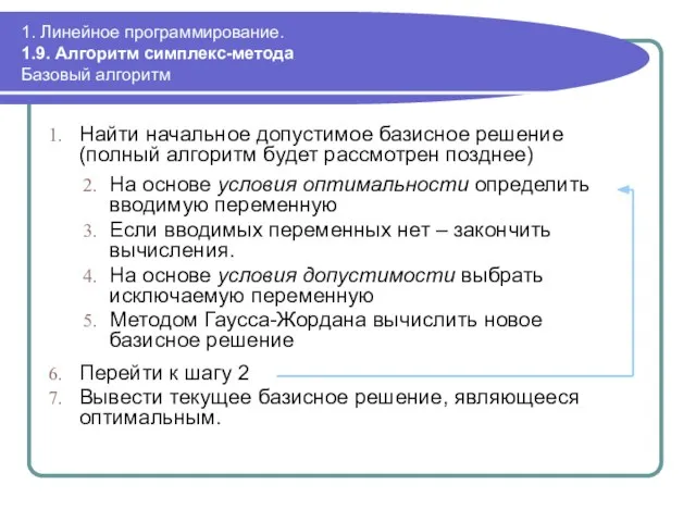 1. Линейное программирование. 1.9. Алгоритм симплекс-метода Базовый алгоритм Найти начальное допустимое базисное