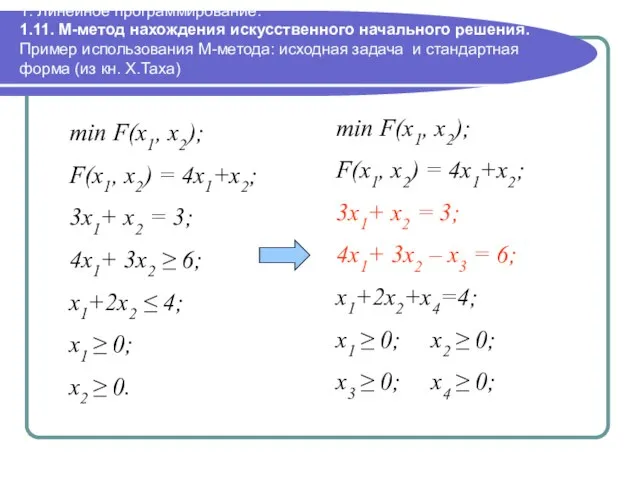 1. Линейное программирование. 1.11. М-метод нахождения искусственного начального решения. Пример использования М-метода: