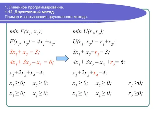 1. Линейное программирование. 1.12. Двухэтапный метод. Пример использования двухэтапного метода. min F(x1,