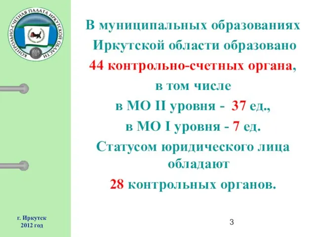 г. Иркутск 2012 год В муниципальных образованиях Иркутской области образовано 44 контрольно-счетных