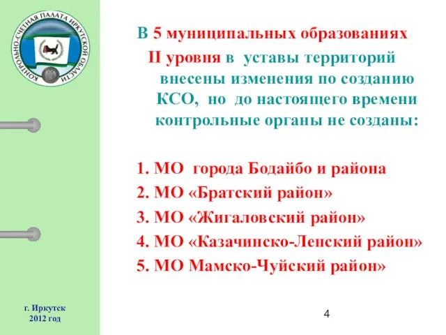 г. Иркутск 2012 год В 5 муниципальных образованиях II уровня в уставы
