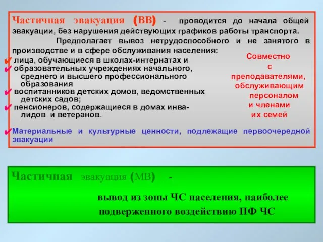 Частичная эвакуация (ВВ) - проводится до начала общей эвакуации, без нарушения действующих