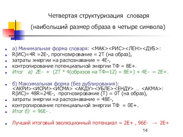 Четвертая структуризация словаря (наибольший размер образа в четыре символа) а) Минимальная форма