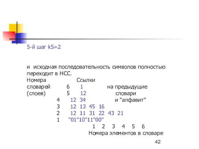 5-й шаг k5=2 и исходная последовательность символов полностью переходит в НСС. Номера