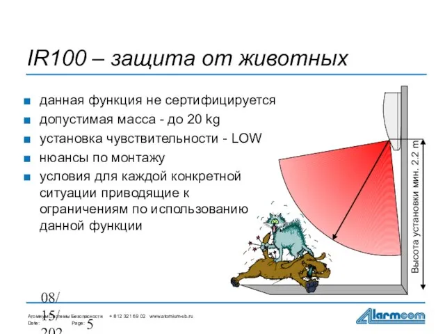 08/15/2023 IR100 – защита от животных данная функция не сертифицируется допустимая масса