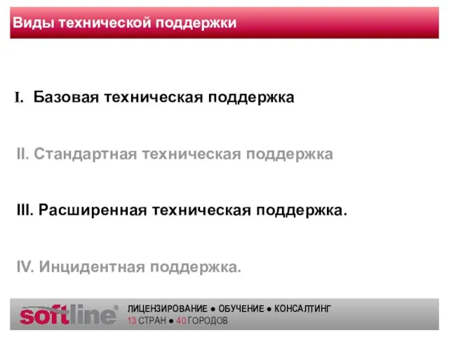 Виды технической поддержки Базовая техническая поддержка II. Стандартная техническая поддержка III. Расширенная