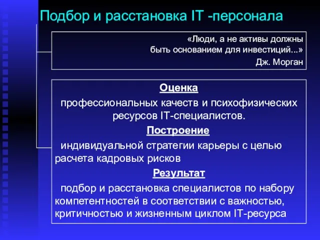 Подбор и расстановка IТ -персонала Оценка профессиональных качеств и психофизических ресурсов IТ-специалистов.