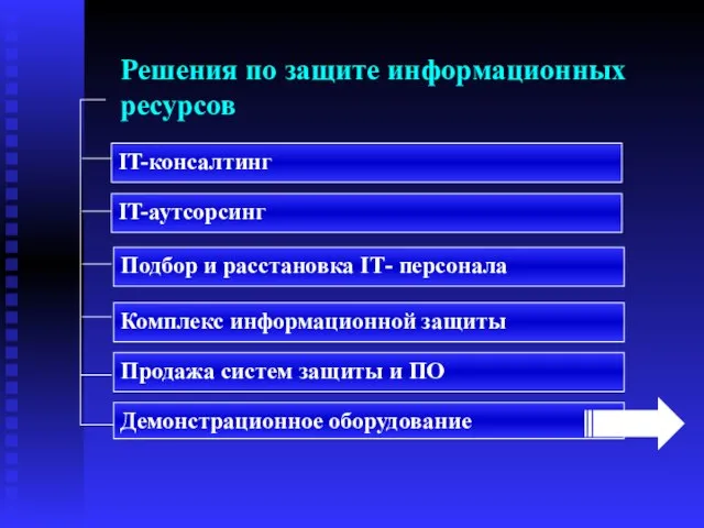 Решения по защите информационных ресурсов IT-консалтинг IT-аутсорсинг Комплекс информационной защиты Продажа систем