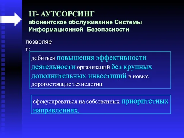 сфокусироваться на собственных приоритетных направлениях. позволяет: добиться повышения эффективности деятельности организаций без