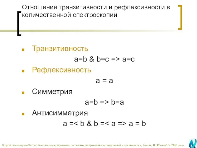 Отношения транзитивности и рефлексивности в количественной спектроскопии Транзитивность a=b & b=c =>