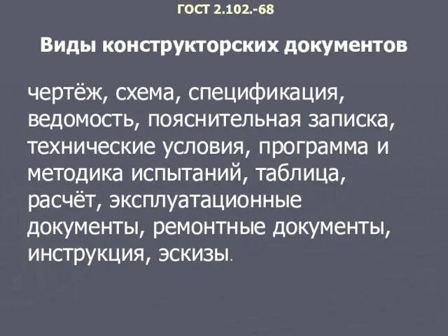 чертёж, схема, спецификация, ведомость, пояснительная записка, технические условия, программа и методика испытаний,