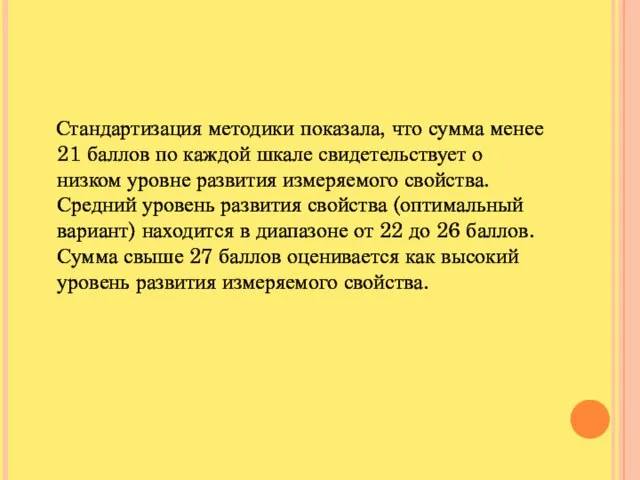 Стандартизация методики показала, что сумма менее 21 баллов по каждой шкале свидетельствует