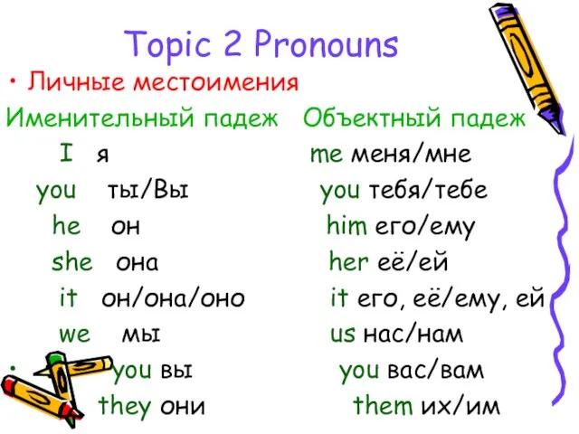 Topic 2 Pronouns Личные местоимения Именительный падеж Объектный падеж I я me