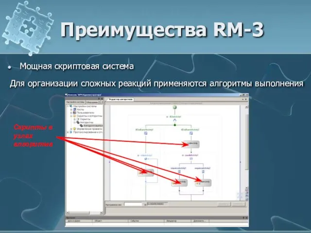 Мощная скриптовая система Для организации сложных реакций применяются алгоритмы выполнения Преимущества RM-3 Скрипты в узлах алгоритма