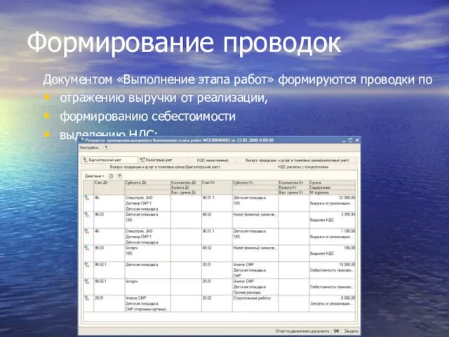 Формирование проводок Документом «Выполнение этапа работ» формируются проводки по отражению выручки от