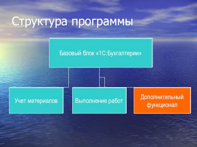 Дополнительный функционал Структура программы Учет материалов Выполнение работ Базовый блок «1С:Бухгалтерии» Дополнительный функционал