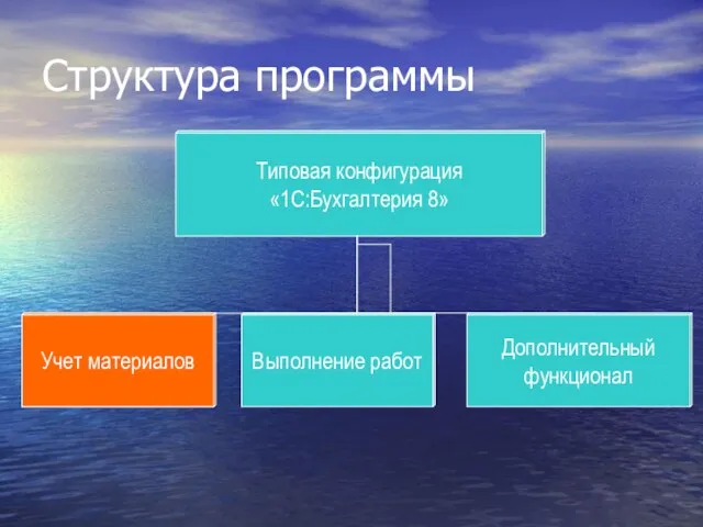 Учет материалов Структура программы Выполнение работ Типовая конфигурация «1С:Бухгалтерия 8» Учет материалов Дополнительный функционал