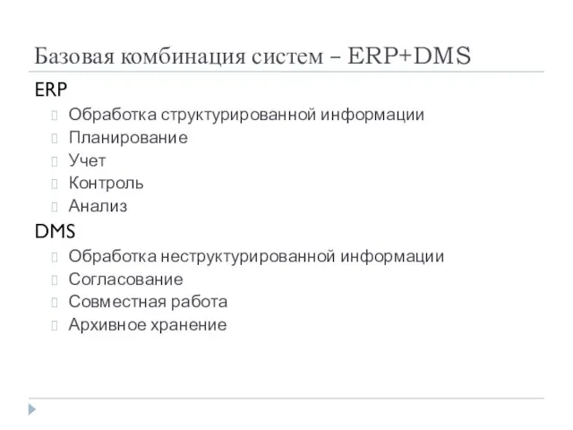 Базовая комбинация систем – ERP+DMS ERP Обработка структурированной информации Планирование Учет Контроль