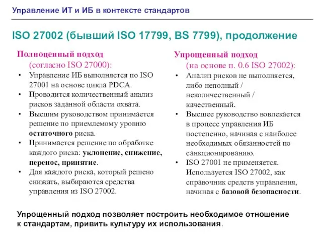 Полноценный подход (согласно ISO 27000): Управление ИБ выполняется по ISO 27001 на