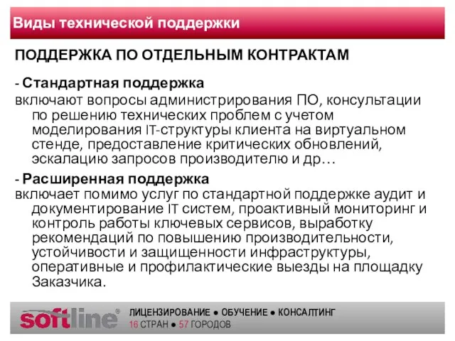 Виды технической поддержки ПОДДЕРЖКА ПО ОТДЕЛЬНЫМ КОНТРАКТАМ - Стандартная поддержка включают вопросы