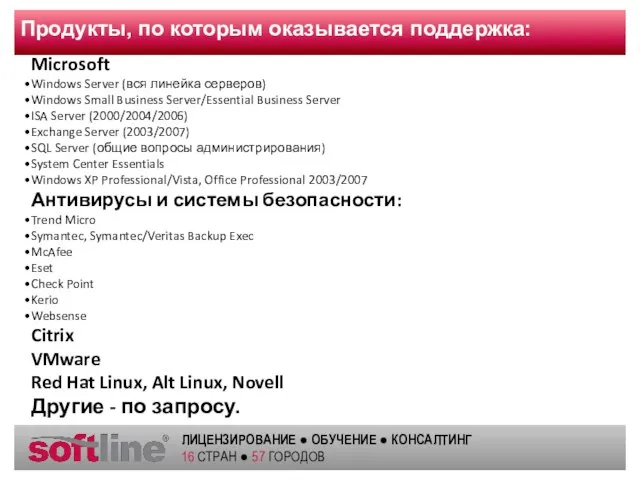 Продукты, по которым оказывается поддержка: Microsoft Windows Server (вся линейка серверов) Windows