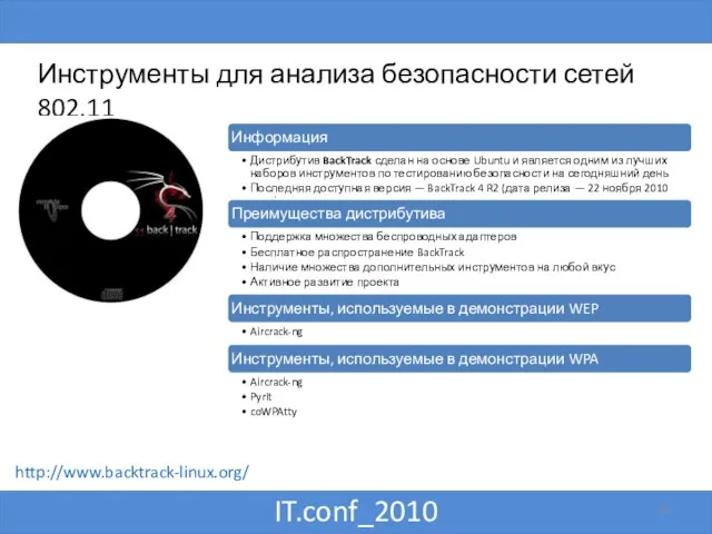 IT.conf_2010 Инструменты для анализа безопасности сетей 802.11 http://www.backtrack-linux.org/