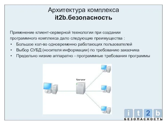 Архитектура комплекса it2b.безопасность Применение клиент-серверной технологии при создании программного комплекса дало следующие