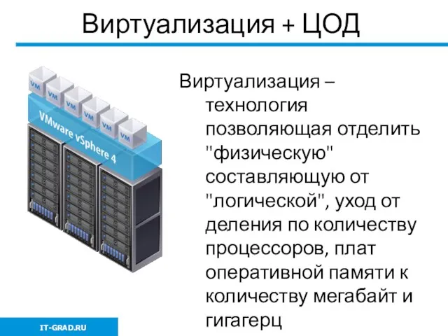 Виртуализация + ЦОД Виртуализация – технология позволяющая отделить "физическую" составляющую от "логической",