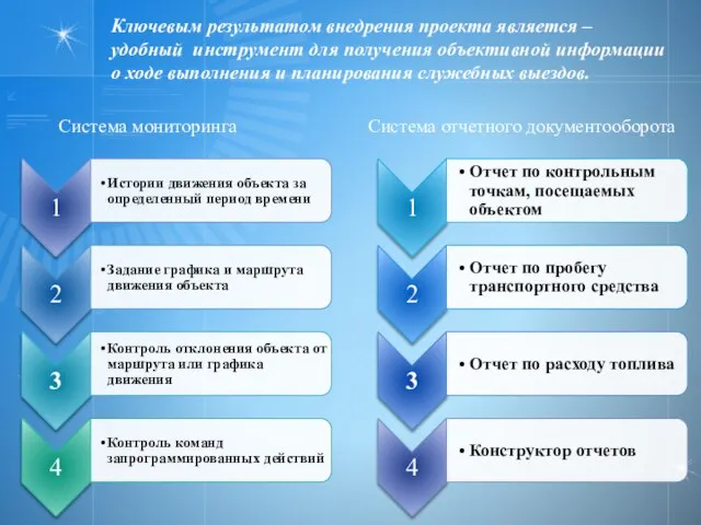 Система мониторинга Система отчетного документооборота Ключевым результатом внедрения проекта является – удобный