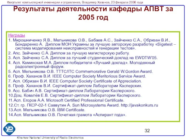 Результаты деятельности кафедры АПВТ за 2005 год Награды 1. Мирошниченко Я.В., Мельникова