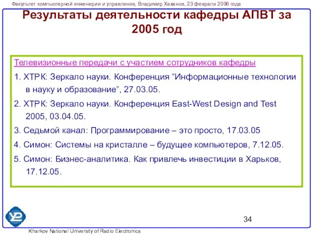 Результаты деятельности кафедры АПВТ за 2005 год Телевизионные передачи с участием сотрудников