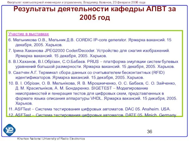 Результаты деятельности кафедры АПВТ за 2005 год Участие в выставках 6. Мельникова