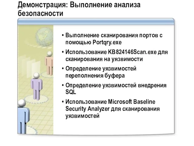 Демонстрация: Выполнение анализа безопасности Выполнение сканирования портов с помощью Portqry.exe Использование KB824146Scan.exe