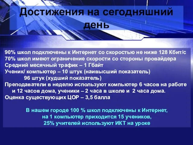 90% школ подключены к Интернет со скоростью не ниже 128 Кбит/с 70%